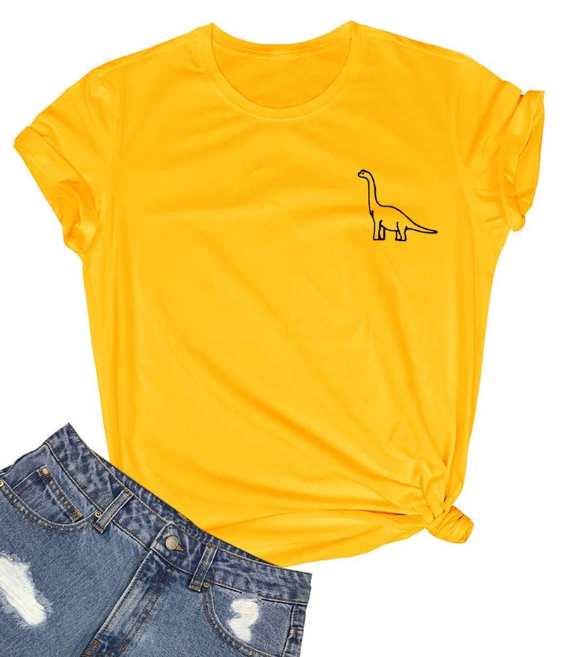ROSEPARK Women Cute Dinosaur Graphic T-Shirts Teen Girls Funny Tees Yellow Large - Image 1